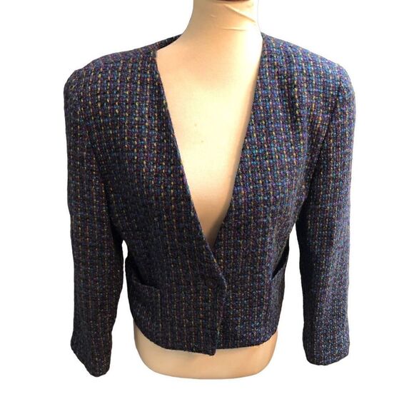 Vintage Michelle petites confetti blue wool blend boucle tweed short blazer - Picture 1 of 12